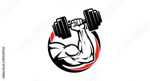 A strong, muscular arm flexing and lifting a heavy dumbbell within a dynamic circular logo, symbolizing power and fitness.