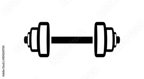Black and white icon of a dumbbell with weight plates on a white background.