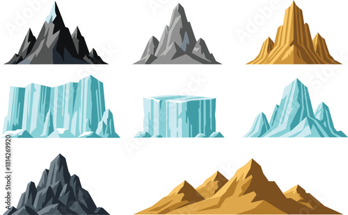 Mountain and glacier illustration, cartoon terrain, geological formations, icy peaks, rocky cliffs, vector landscape, nature elements, climate zones