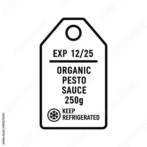 Organic pesto sauce product label with expiration date and refrigeration instructions, isolated on