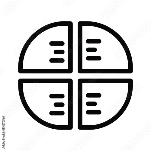 Pie chart divided into four equal sections with data lines, representing analysis or statistics, isolated on
