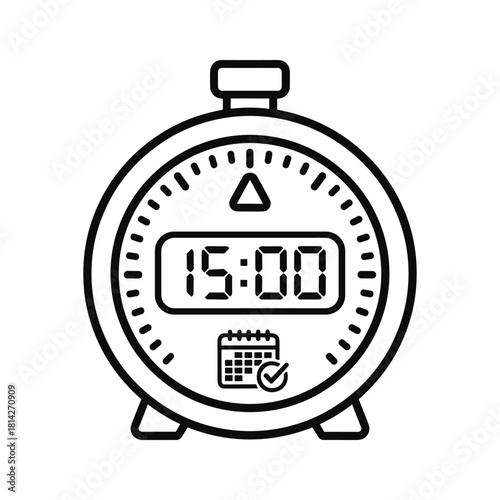 Line art illustration of a digital alarm clock displaying 1500 with a calendar icon, symbolizing time management