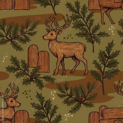 Seamless pattern featuring a brown deer with antlers, holly branches with berries, and wooden fence posts on an olive green and brown background.