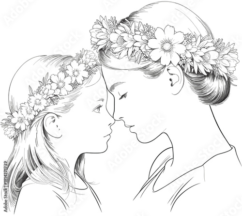 Mother and daughter wearing flower crowns touching noses