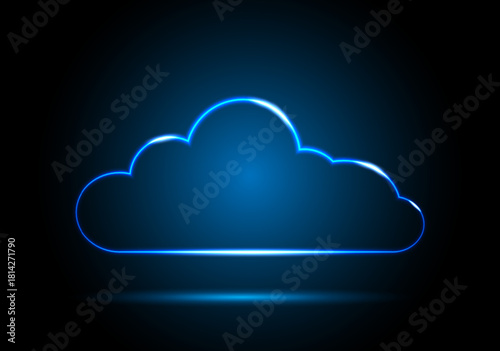 Neon elongated cloud. Neon digital cloud icon on a black and blue background. Visualization of data transmission over a network. Vector EPS 10.