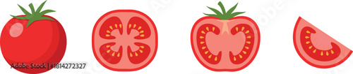 Tomato illustration set, whole tomato, sliced wedge, cross-section view, vegetable anatomy, food cut, cartoon style, vector design