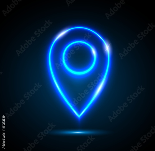 Neon map pin on a dark blue background. A glowing neon marker with a contour pointer map pin. Vector EPS 10.