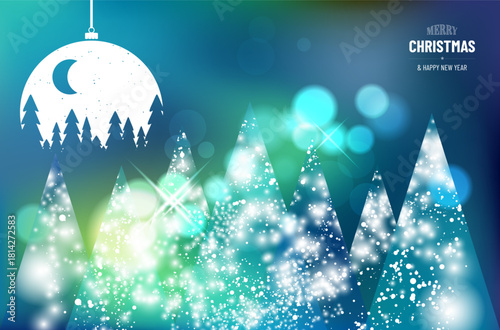 Modern Christmas wish card with abstract shiny trees and hanging christmas ball