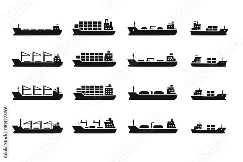 Cargo Vessel Icons with Bulk Carriers, Container Ships, Oil Tankers and Feeder Ships in Black Vector Silhouettes on White Background