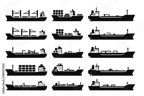 Cargo Vessel Icons with Bulk Carriers, Container Ships, Oil Tankers and Feeder Ships in Black Vector Silhouettes on White Background