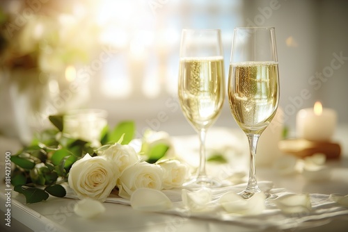 Two champagne glasses with white roses and candles on elegant table setting, romantic wedding celebration or anniversary toast concept