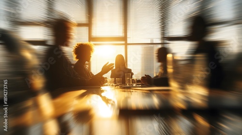 Dynamic business meeting with a radial blur effect showing a silhouetted team in a sunlit office.