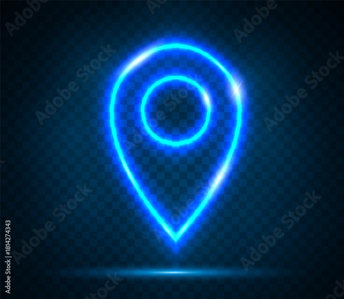 The neon card icon. A glowing neon marker with a contour pointer map pin. Vector EPS 10.