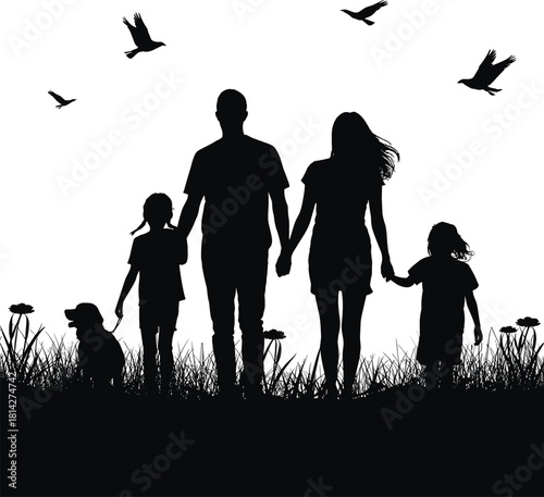 Family silhouette with dog and birds in grass children