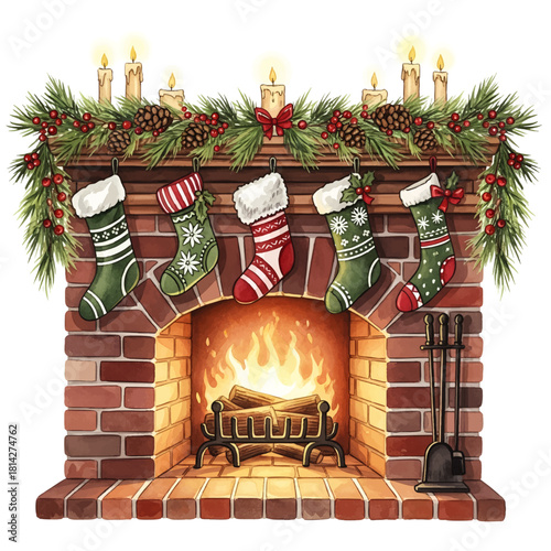 A cozy brick fireplace with burning logs, decorated with a garland, candles, and five festive Christmas stockings hanging above.