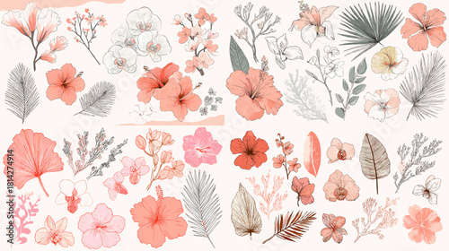 A tropical floral illustration set featuring hibiscus flowers, leaves, and botanical elements in soft coral and grey tones. Ideal for invitations, patterns, branding, and decorative designs.