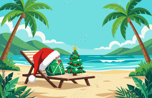 Santa hat on a beach chair with a Christmas tree and gift background