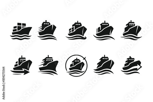 Cargo Ship Icons in Motion with Waves, Propellers, Navigation Lines and Directional Arrows in Black Dynamic Shapes on White Background