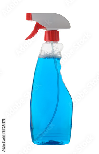 Spray bottle with window cleaning fluid on white background