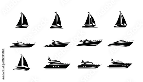 Collection of Boat Silhouettes - Sailboats and Motorboats.