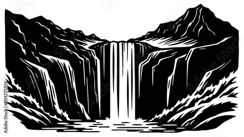 tall waterfall dropping from a cliff into a valley.svg