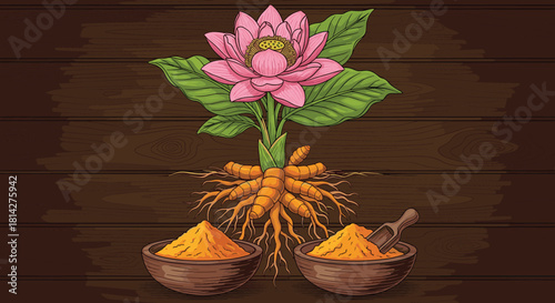 Illustration of turmeric plant with pink flower, green leaves, rhizome roots, and wooden bowls of turmeric powder