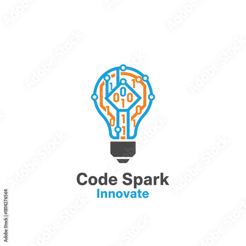 A tech-inspired logo featuring a lightbulb formed by circuit lines and binary code, symbolizing innovation, creativity, and smart digital solutions for Code Spark.
