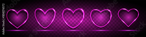 A set of neon heart-shaped frames with a place for text on a black and blue background. Neon futuristic elements for your design. Vector EPS 10.