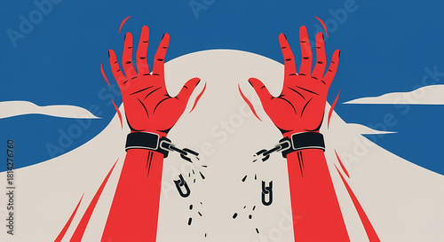 Freedom concept with broken chains on red arms in abstract style