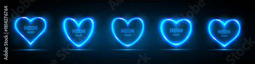 A set of neon heart-shaped frames with a place for text on a black and blue background. Neon futuristic elements for your design. Vector EPS 10.