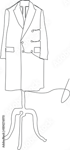 Men overcoat one line art. Minimalist single line overcoat for men in winter style. Long sleeves and collared overcoat hanging on stand in simple design illustration. Easily editable