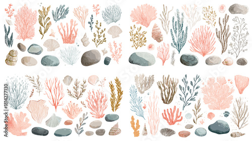 A watercolor collection of corals, stones, and marine plants in natural coastal hues. Ideal for underwater designs, decorative patterns, ocean illustrations, and nature artwork.