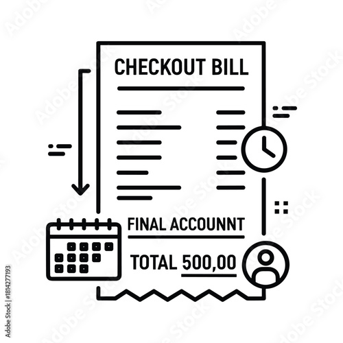 Checkout bill with final account details, calendar, clock, and total amount, isolated on