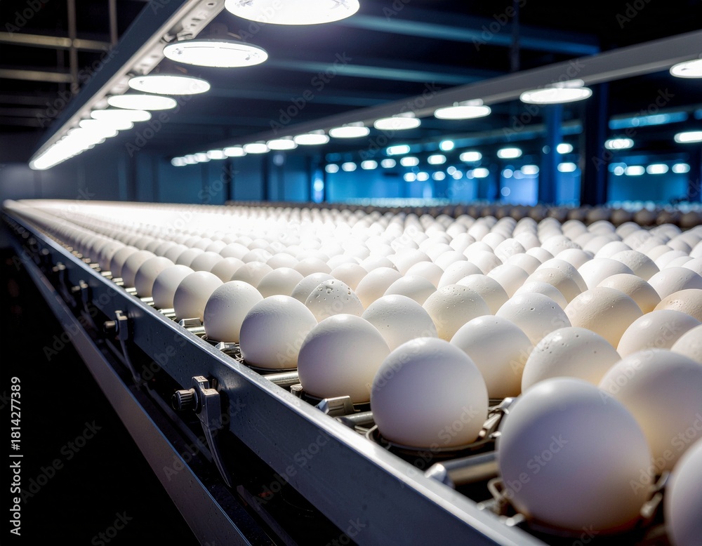 Fototapeta premium An industrial food processing conveyor belt in a poultry farm, the image show dozens of pristine eggs in a bright environment.