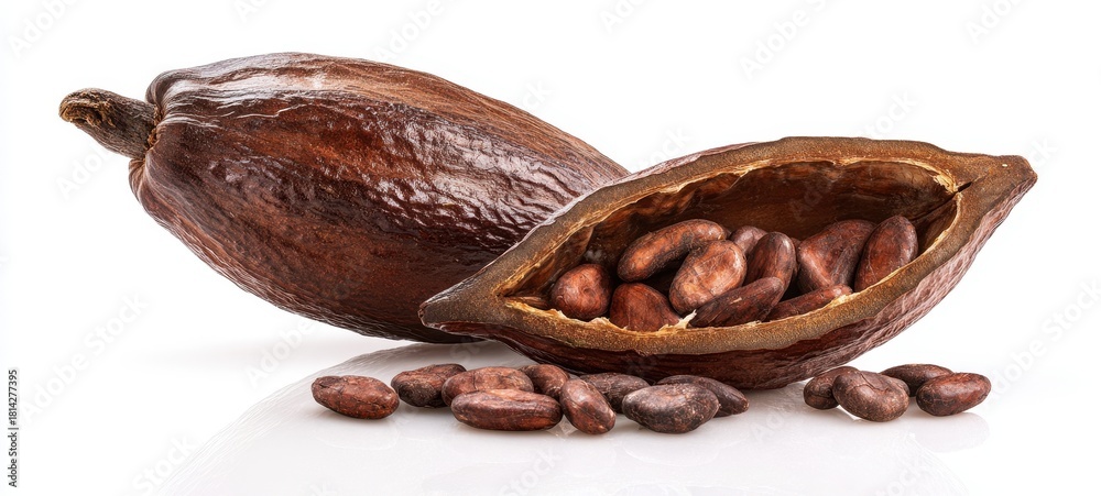 Obraz premium The Cacao Pod Open to Reveal Cocoa Beans on a White Background