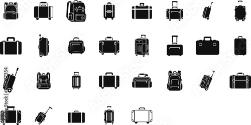 Collection of luggage and bags for travel and vacation in black silhouette style on a white background for graphic design