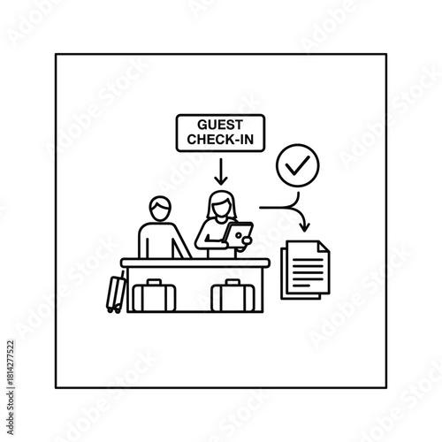 Guest checkin process at a reception desk with people, luggage, and documents icon