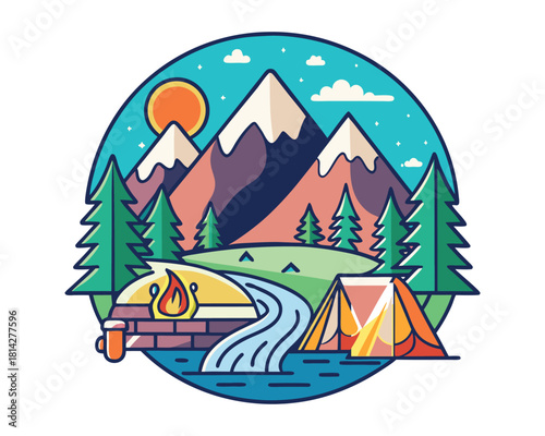 Sunrise Mountain Camping River T-shirt Design – Tent, Campfire, Nature Landscape, Outdoor Adventure