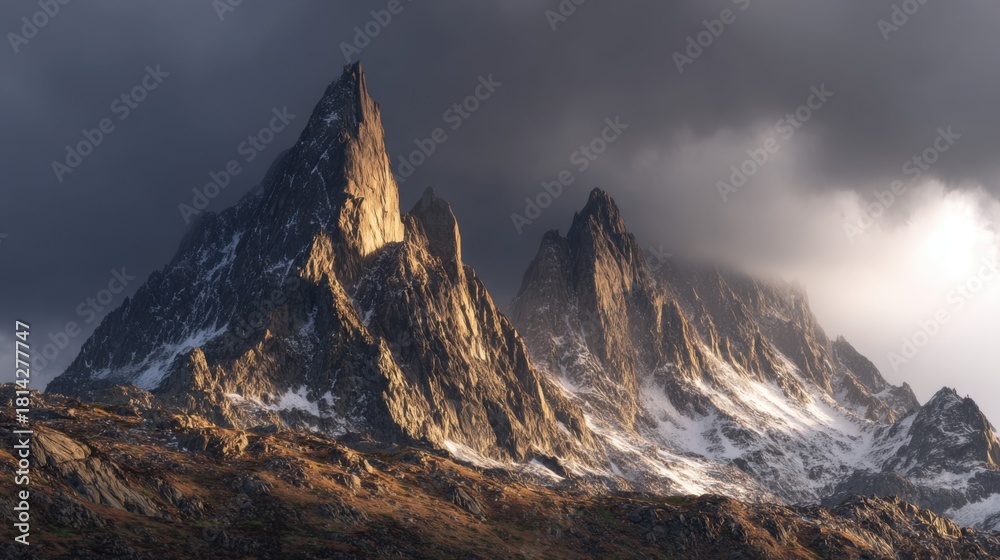 Obraz premium Majestic Mountain Peaks Under Dramatic Clouds and Soft Light During Golden Hour in a Remote Wilderness Landscape