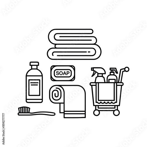 Hotel amenities and cleaning supplies icon set featuring towels, soap, shampoo, toothbrush, and a housekeeping cart