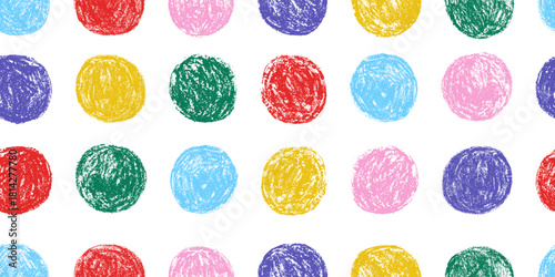 Seamless pattern with multicolored round shapes, hand drawn circles with wax crayon texture. Naive childish polka dot vector illustration, funny geometric print isolated on transparent background