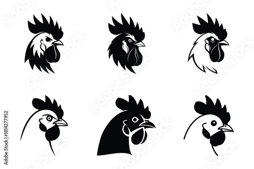 Set of Six Chicken Head Illustrations in Black and White