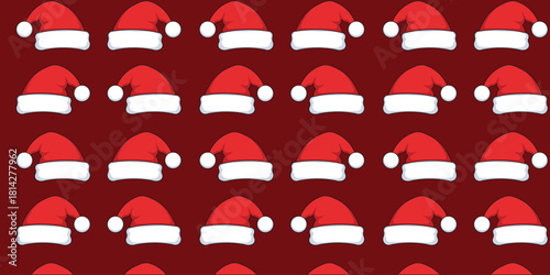Festive seamless pattern of classic red and white Santa Claus hats on a deep red background. Ideal for Christmas, winter holiday designs, wrapping paper, fabric, and digital backgrounds.
