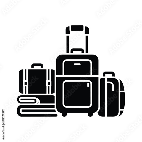 Black silhouette illustration of various luggage items, including a rolling suitcase and duffel bag, travel concept