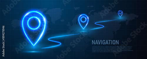 A banner with neon GPS coordinates. Neon map pins on a dark blue background. Vector EPS 10.