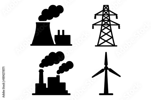 Silhouettes of power generation: factories, pollution, pylon, and wind turbine.