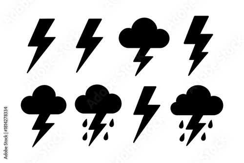 Set of weather icons featuring lightning bolts and rain clouds.