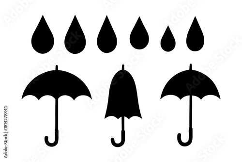 Black umbrellas and raindrops silhouette on white background.