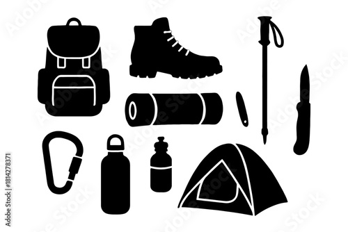 Camping gear: backpack, hiking boots, tent, and outdoor essentials in black silhouettes.