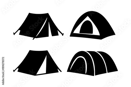 Set of four black tent silhouettes on white background.